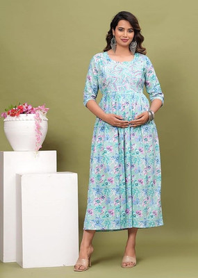 HouseOfCommon Women Fit and Flare Light Blue Midi/Calf Length Dress
