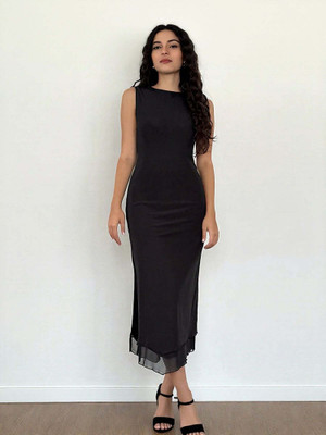 OUTZIDR Women A-line Black Midi/Calf Length Dress