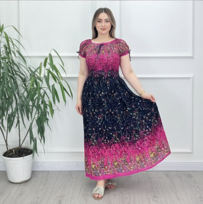COMFY ATTIRE Women Fit and Flare Pink, Black Maxi/Full Length Dress