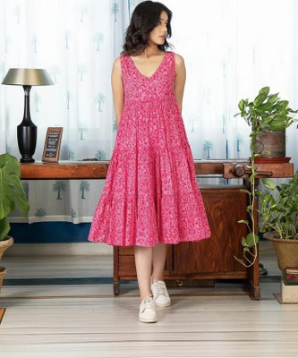 HK SHOPEE Women Fit and Flare Pink Below Knee Dress