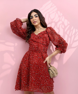 Tokyo Talkies Women Skater Red Above Knee/Mid Thigh Length Dress