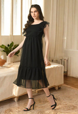 SAKSHI TRADER Women Fit and Flare Black Ankle Length Dress