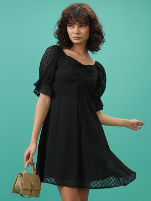 Tokyo Talkies Women Fit and Flare Black Above Knee/Mid Thigh Length Dress