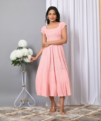 IQRAAR Women A-line Pink Midi/Calf Length Dress