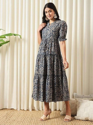 Shivoki Women Fit and Flare Blue Midi/Calf Length Dress
