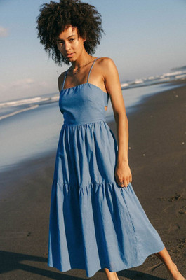 Styvibe Women Fit and Flare Light Blue Below Knee Dress