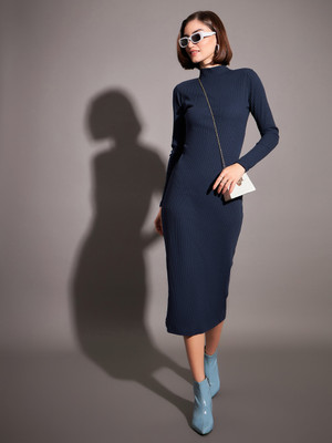 SASSAFRAS Women Bodycon Dark Blue Midi/Calf Length Dress