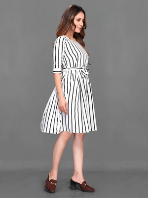 Rinra Women Fit and Flare White, Black Knee Length Dress