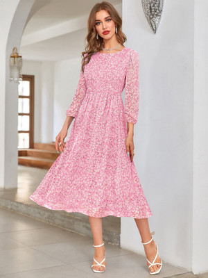 KERI PERRY Women Fit and Flare Pink Midi/Calf Length Dress