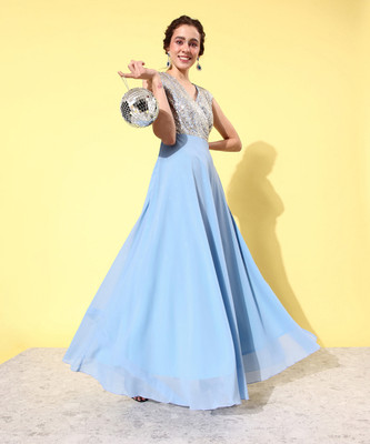 Miss Chase Women A-line Light Blue Maxi/Full Length Dress