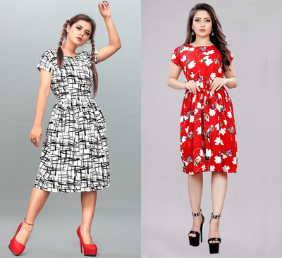 tanvi creation Women Fit and Flare White Knee Length Dress
