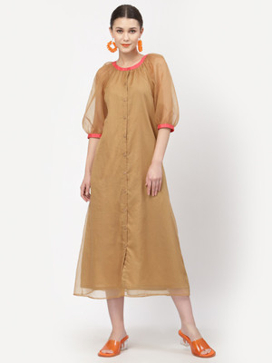 LELA Women A-line Beige Midi/Calf Length Dress