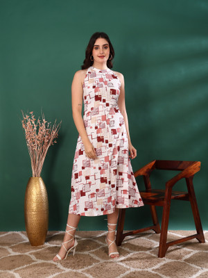 Yash Gallery Women A-line White Midi/Calf Length Dress
