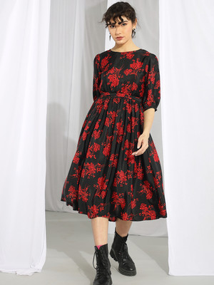 KOTTY Women Fit and Flare Black Midi/Calf Length Dress