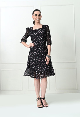 Moshe Women Fit and Flare Black Knee Length Dress