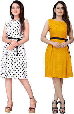 Modli 20 Fashion Women Fit and Flare White, Yellow, Black Knee Length Dress