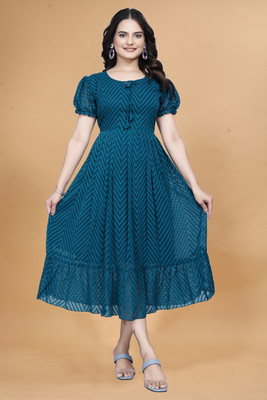 Qena Women Fit and Flare Blue Midi/Calf Length Dress
