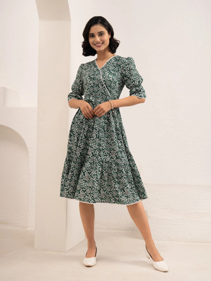 AASK Women Fit and Flare Green Midi/Calf Length Dress