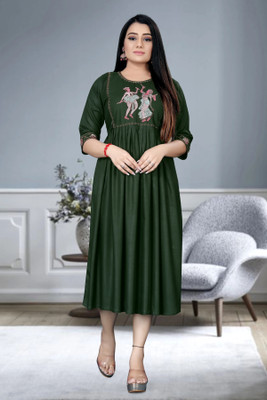 ShopGlobal Women Fit and Flare Dark Green Midi/Calf Length Dress