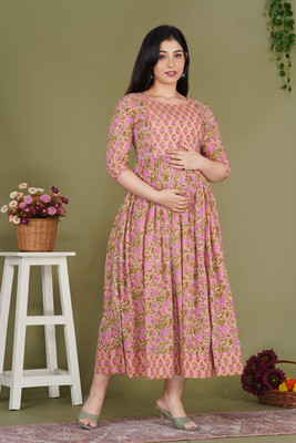 Gujari Women Fit and Flare Pink, Orange Midi/Calf Length Dress