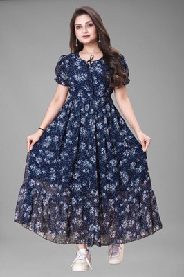 GROMint Women Fit and Flare Blue Maxi/Full Length Dress