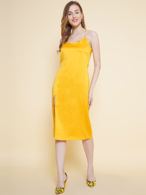 KATLINE Women A-line Yellow Below Knee Dress