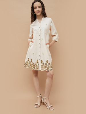 Fame Forever by Lifestyle Women A-line White, Brown Above Knee/Mid Thigh Length Dress