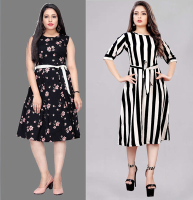 Modli 20 Fashion Women Fit and Flare Black, Pink, White Below Knee Dress