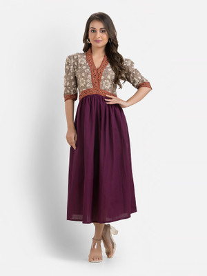Crazy Needle Women Fit and Flare Purple Midi/Calf Length Dress