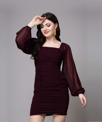 AAYU Women Bodycon Maroon Above Knee/Mid Thigh Length Dress