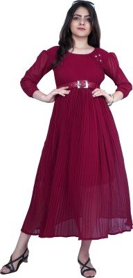 Ala Fashion Women Fit and Flare Maroon Dress