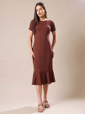 PURVAJA Women Bodycon Brown Knee Length Dress