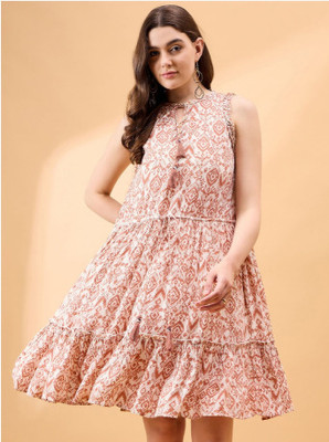 all about you Women A-line Brown, White Midi/Calf Length Dress