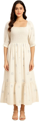 Muskan dresses Women Fit and Flare Beige Midi/Calf Length Dress