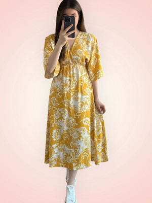 RAAM TEXTILE Women Gown Yellow Knee Length Dress