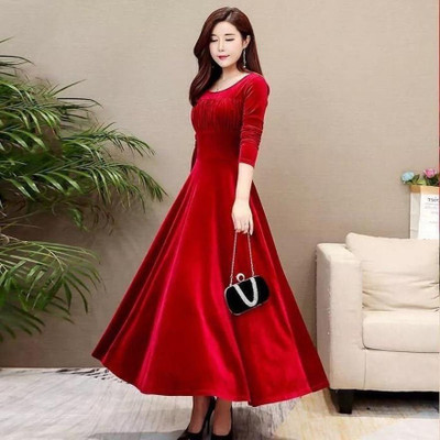 TRUE WESTIES Women A-line Red Maxi/Full Length Dress