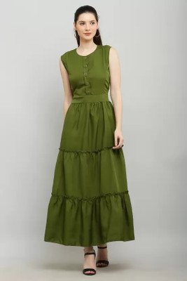 Whitewhale Women Fit and Flare Green Maxi/Full Length Dress