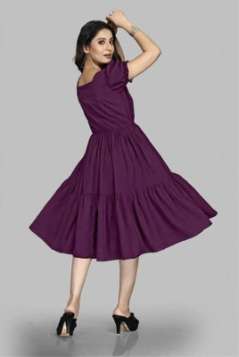 HouseOfCommon Women Fit and Flare Purple Knee Length Dress
