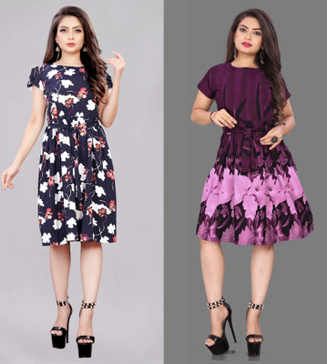 Modli 20 Fashion Women Fit and Flare Purple Below Knee Dress