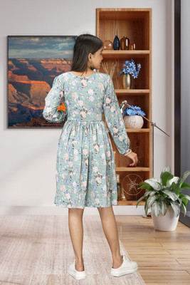 HOC's Women Fit and Flare Light Blue Knee Length Dress