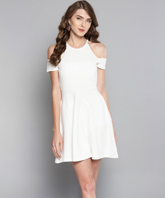 VENI VIDI VICI Women Fit and Flare White, Beige Above Knee/Mid Thigh Length Dress
