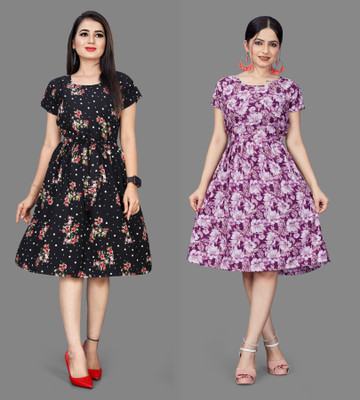 Threadhunter Women Fit and Flare Multicolor Knee Length Dress