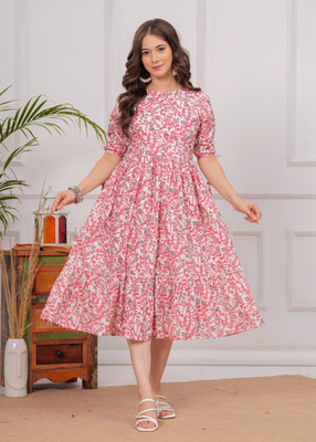TEESHA Women Fit and Flare Pink, Grey Below Knee Dress