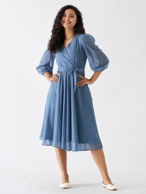 AASK Women Fit and Flare Dark Blue Midi/Calf Length Dress