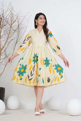 Divis Fashion Women A-line Yellow Midi/Calf Length Dress