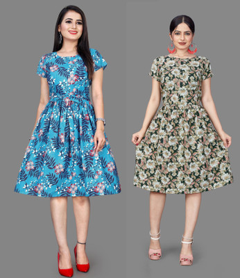 HOUSE OFF COMMON Women Fit and Flare Multicolor Below Knee Dress
