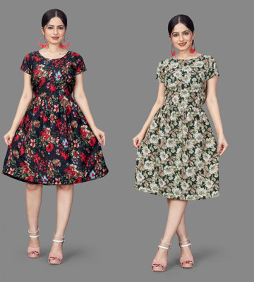 VARUDIFAB Women Fit and Flare Multicolor Knee Length Dress