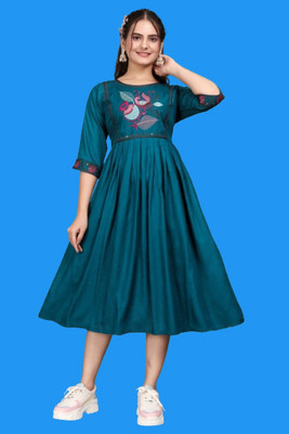 HouseOfCommon Women Fit and Flare Dark Blue Midi/Calf Length Dress