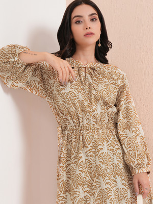 Tokyo Talkies Women Fit and Flare Beige, White Below Knee Dress