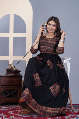 Herway Women Fit and Flare Black Ankle Length Dress